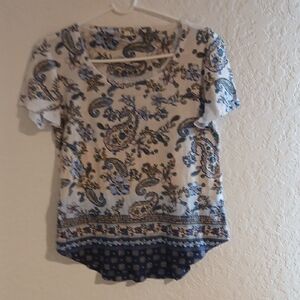 ONE WORLD Blue and White Paisley Short Sleeve Top Size MP